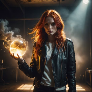 A young woman in an empty room, holding a gold glowing orb
